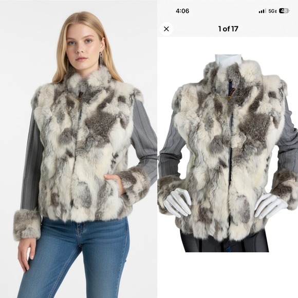 Essenza Y2K Real Lapin Fur Jacket Rabbit Fur Trim Zip Sweater Cardigan Size M - Picture 1 of 16